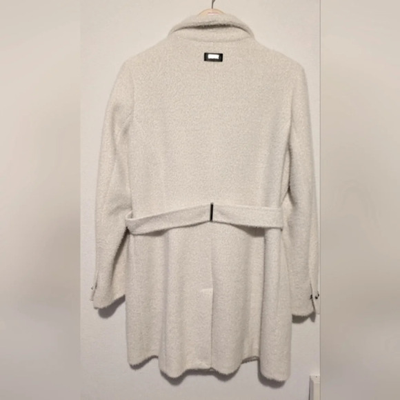 Calvin Klein belted asymmetrical furry off white coat jacket, size L, like new! - Picture 6 of 15